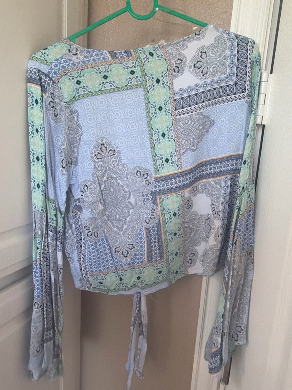 Source Unknown Paisley Patchwork Long-Sleeve Top in Light Blue and Mint